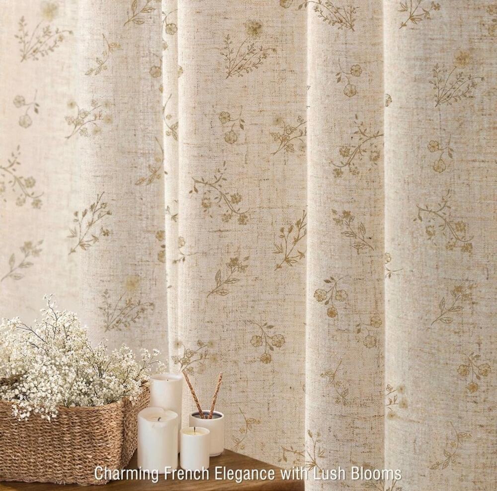 Farmhouse Vintage Linen Shower Curtain for Bathroom, Beige Floral 72 x 90